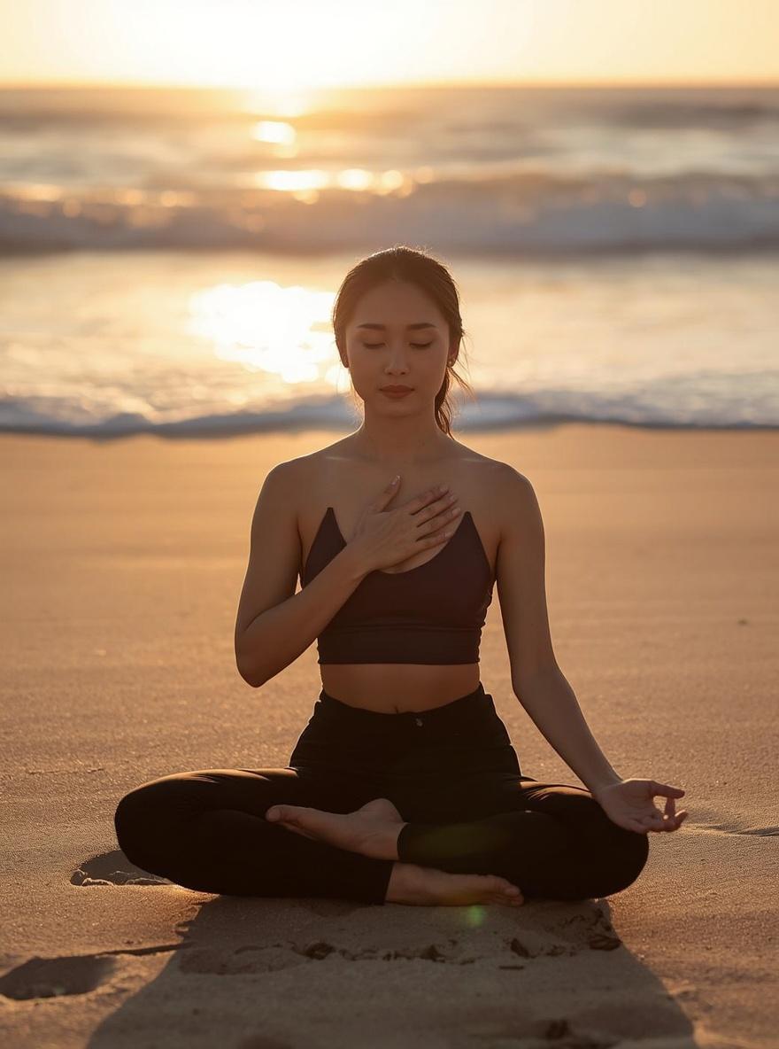 Woman meditating on beach at sunset - trusting inner voice